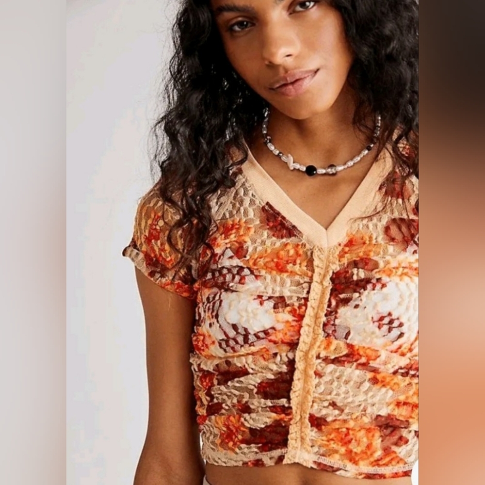 FP Sheer Cropped Orange Red Ruched Top